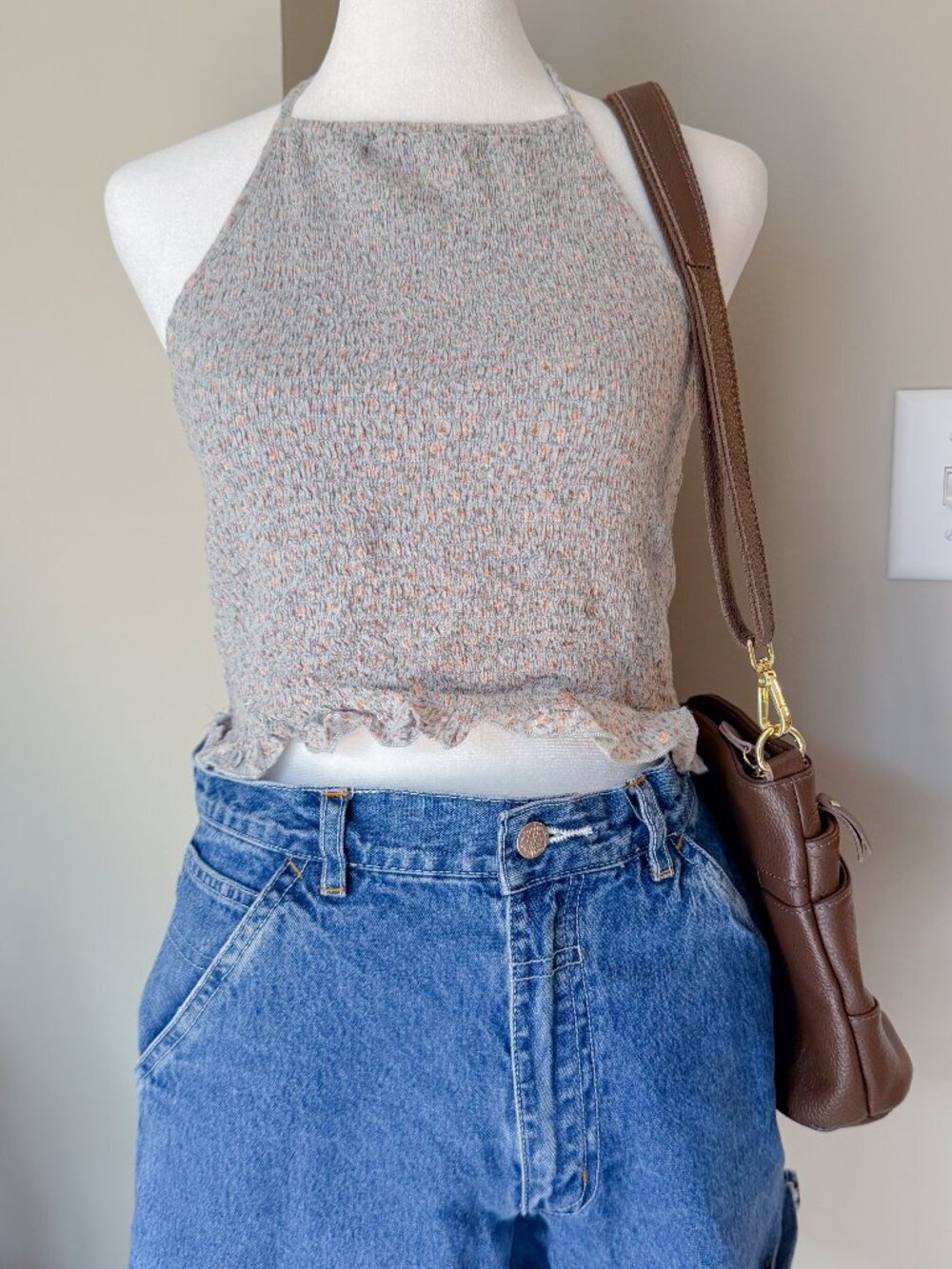 American Eagle Gray Smocked Halter Crop Top - Size Small